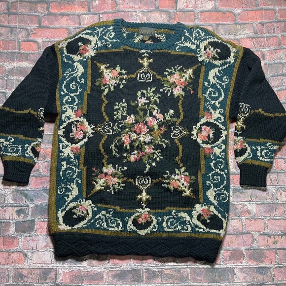 Classique Sweaters - Vtg Cottagecore Womens Sweater L Black Floral Granny Wool Blend Cabincore Soft